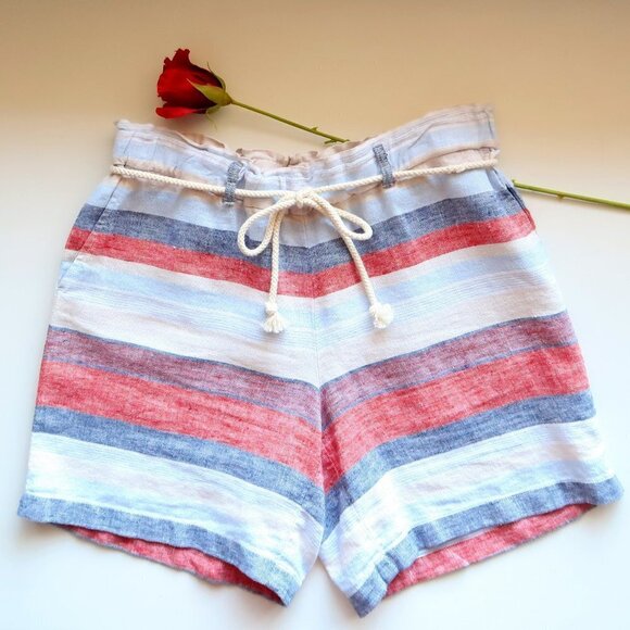 J. Jill 100% Linen Red, Blue & Cream Stripe High Rise Rope Cord Belt Shorts M - Picture 3 of 7